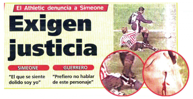 Recorte de 1996 tras el pisotón de Simeone a Julen Guerrero en San Mamés.