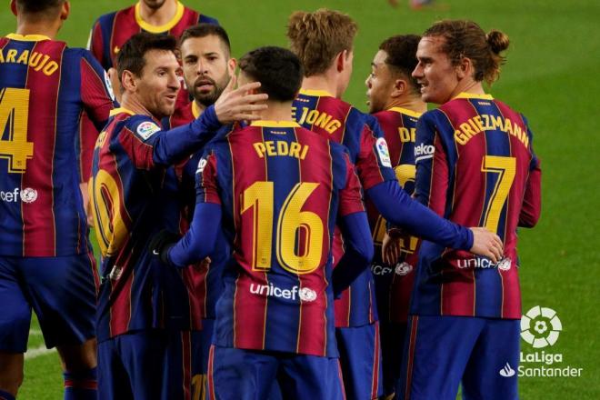 Los jugadores del Barcelona celebran el gol de Leo Messi (Foto: LaLiga).
