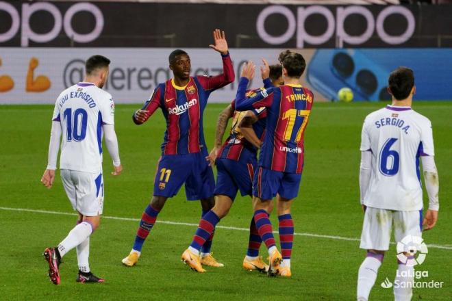 Ousmane Dembélé celebra su gol con el Barcelona ante el Éibar (Foto: LaLiga).