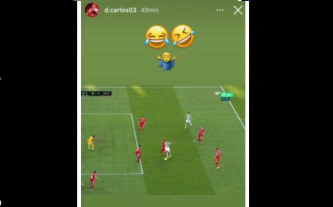 La reacción de Diego Carlos en Instagram por el penalti que le señalaron ante Loren.