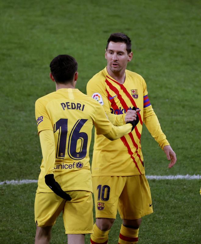 Pedri y Leo Messi, celebrando un tanto (Foto: LaLiga).