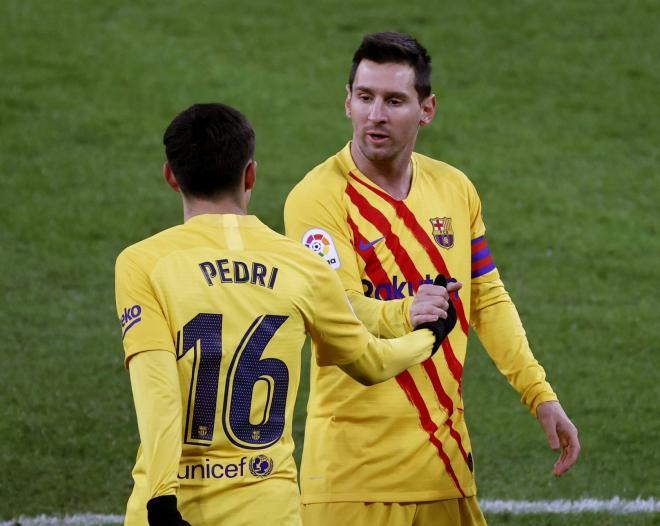 Messi y Pedri celebran un gol del Barcelona (Foto: LaLiga).