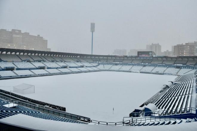 La Romareda, nevada por el temporal Filomena (Foto: Real Zaragoza)