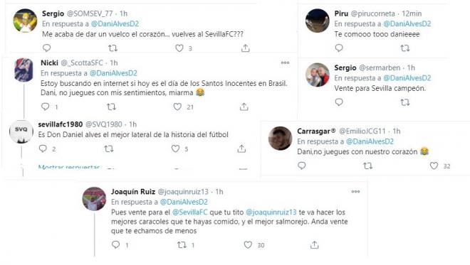 Algunas de las respuestas recibidas por Daniel Alves en twitter.