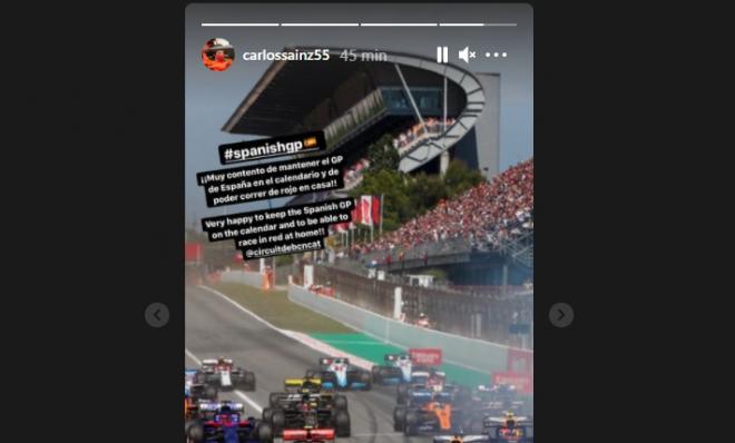 El mensaje que publicó Carlos Sainz en instagram al enterarse de que habrá Fórmula 1 en España