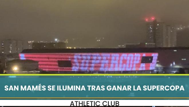 Imagen exterior de San Mamés en la noche de la Supercopa ganada por el Athletic Club.