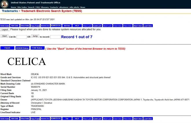 Registro de Toyota de la patente Celica