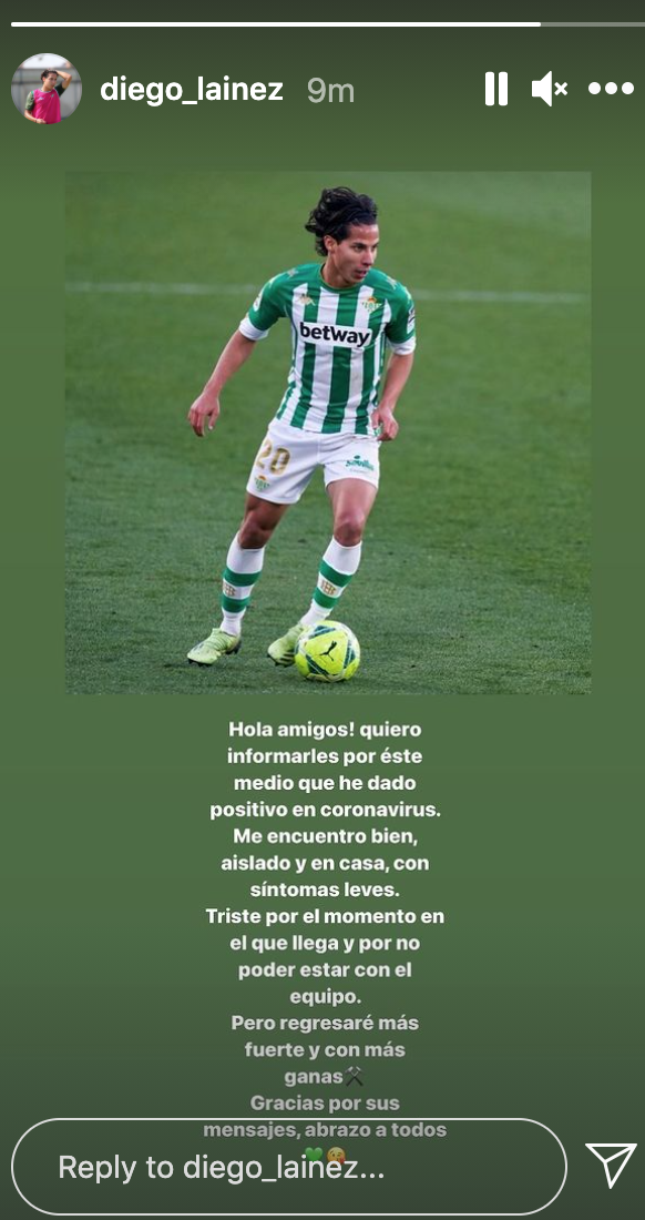 Diego Lainez confirma su positivo en coronavirus. (Foto: Perfil oficial de Instagram del jugador).