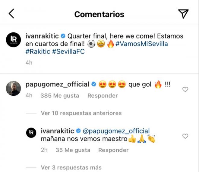 La conversación en instagram entre el Papu Gómez y Rakitic.
