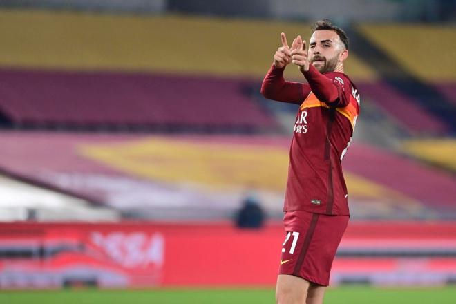 El español Borja Mayoral, celebra un gol con la Roma en un vacío Olímpico de Roma  (Foto: @Mayoral_Borja).
