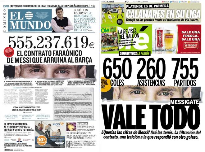 Las portadas de El Mundo y Olé sobre el contrato de Leo Messi con el Barcelona.