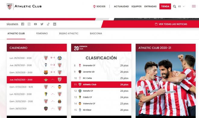 Así es la página web oficial del Athletic Club de Bilbao.
