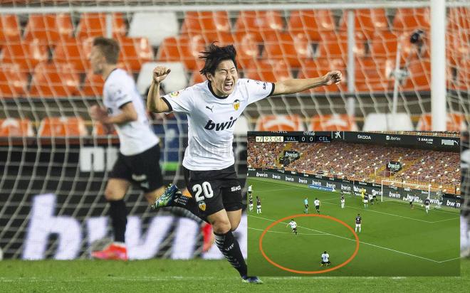 Kang In Lee y Correia celebran el gol de Vallejo (Foto: Valencia CF)