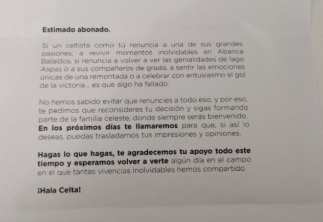 La carta del Celta a los abonados que no han renovado en la 2020/21 (Foto: ElDesmarque).