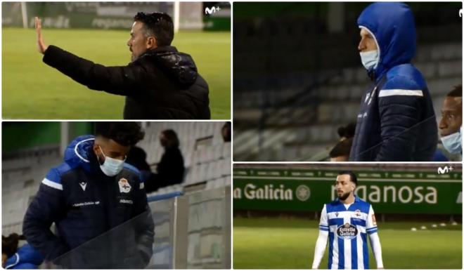 Los jugadores y el cuerpo técnico del Dépor, durante el duelo ante el Racing de Ferrol.