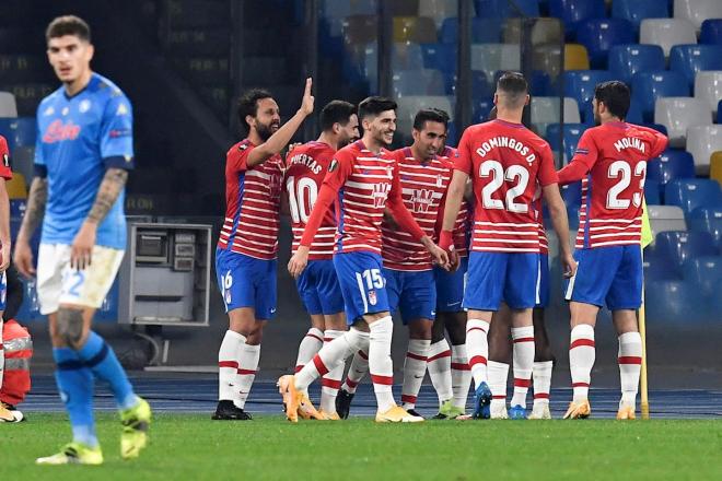 Los jugadores del Granada celebran el gol de Montoro (Foto: EFE).