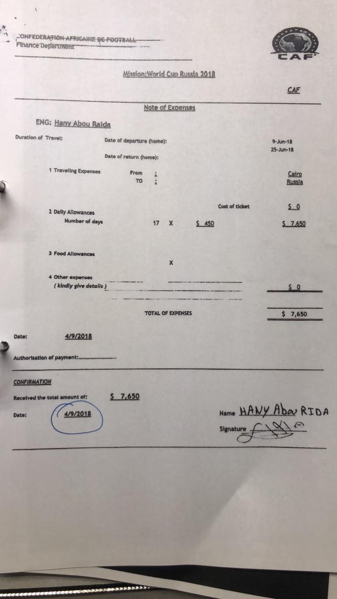 Dietas pagadas por la CAF a Abou Rida por su estadía en el Mundial de Rusia. Se trataría de un pago ilegal ya que la FIFA era el único organismo que debía pagarle por ese concepto como miembro de su Consejo (FIFA Council).