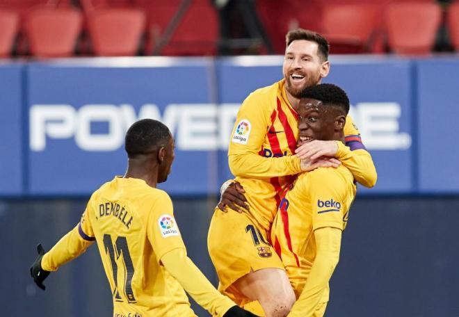 Ilaix, celebrando su gol junto a Messi y Dembélé (Foto: LaLiga).