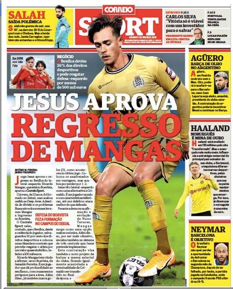 Portada del Correio da Manhã Sport con la competencia del Benfica con el Granada por Mangas.