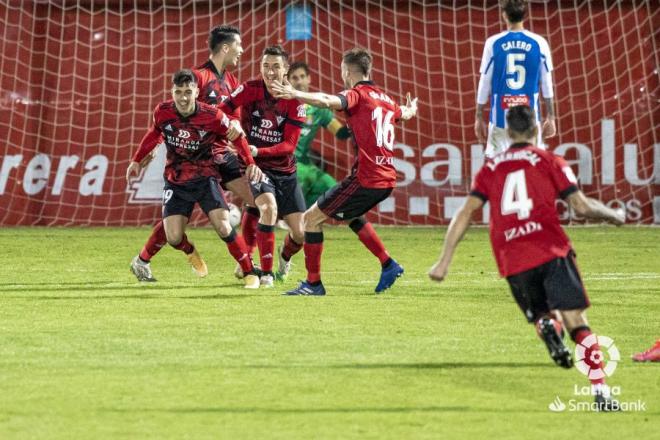 El Mirandés celebra uno de sus goles al Espanyol (Foto: LaLiga).