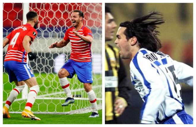 Soldado, Gonalons y Manu, celebrando goles históricos para Granada y Málaga (Fotos: Granada CF / EFE).