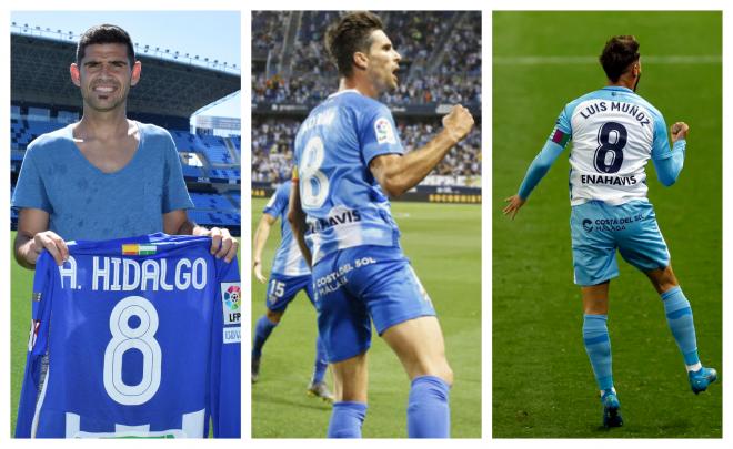 Antonio Hidalgo, Adrián y Luis Muñoz con la camiseta del Málaga.