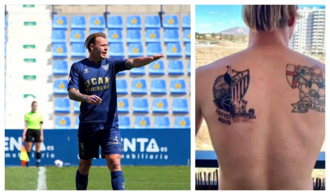 Charlie Dean, con el UCA Murcia y mostrando su tatuaje del Málaga.