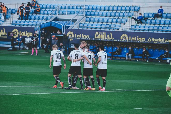 Guedes celebra el gol en el Cádiz-Valencia CF (Foto: Cristo García).