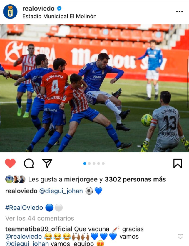 Respuesta de Baldé a la publicación del Real Oviedo en Instagram.
