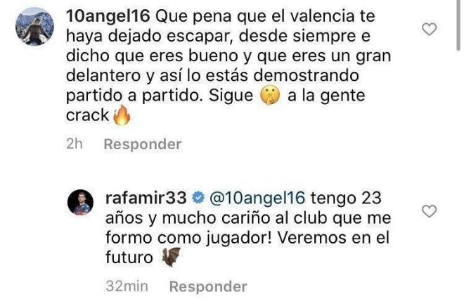 La contestación de Rafa Mir a un seguidos del Valencia CF en twitter (Foto: @Capitanche)