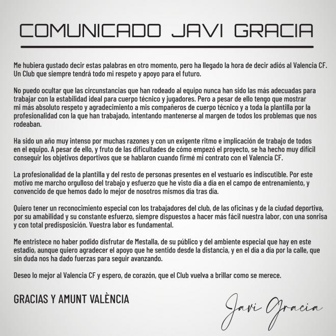 Comunicado Javi Gracia