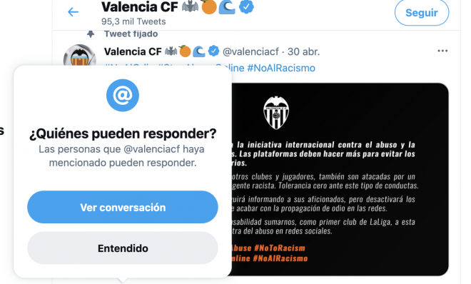 El mensaje que aparece al intentar responder al Valencia CF