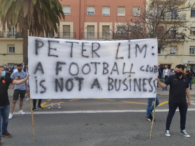 Pancartas contra Peter Lim en la manifestación del valencianismo (Foto: ED).
