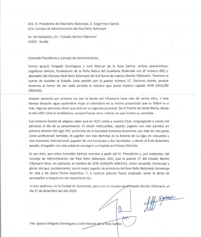 Carta remitida al Betis con la petición de que se cree la Puerta Joaquín Sánchez.
