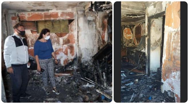 Leo y María, contemplan las secuelas del incendio en su domicilio (Foto: Facebook).