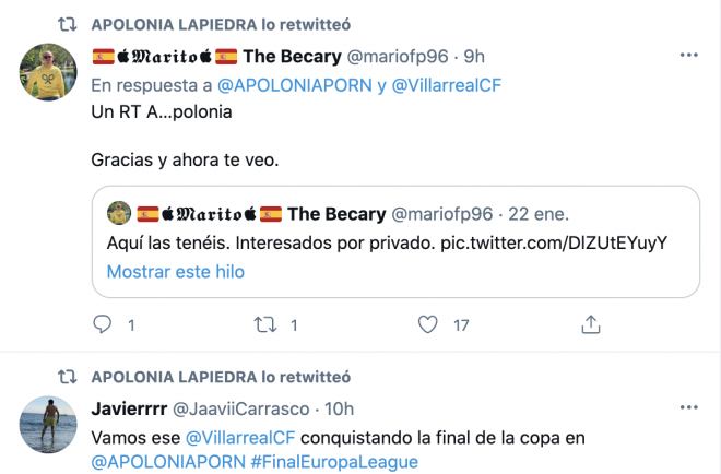 Apolonia Lapiedra y sus rt al Villarreal.