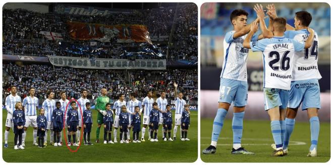 Andrés Caro, en la Champions y en su debut (Fotos: Twitter y Málaga CF).