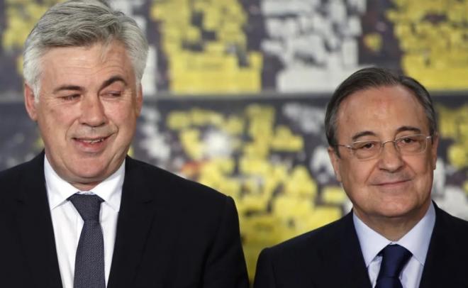 Ancelotti y Florentino Pérez, en un acto del Real Madrid (Foto: EFE).