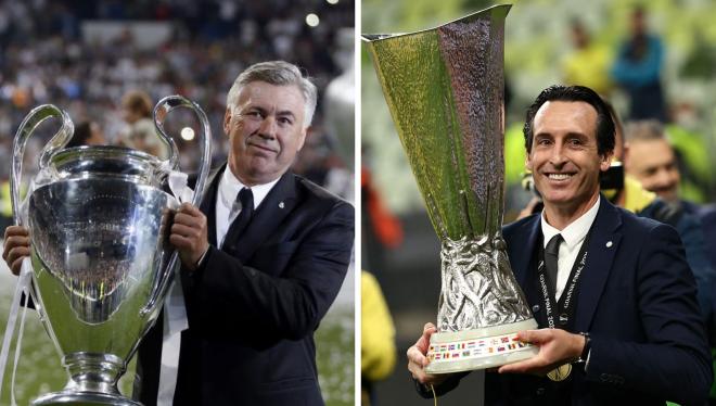 Ancelotti y Emery posan con la Champions y la Europa League.