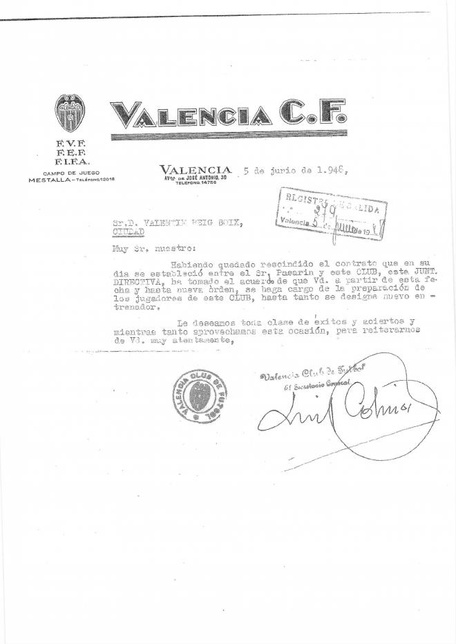 Carta de nombramiento de Picolín Reig como entrenador