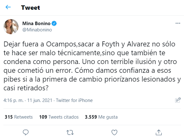 El mensaje de Mina Bonino por la ausencia de Ocampos en la Copa América