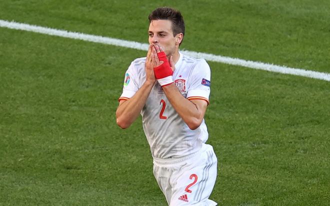 César Azpilicueta celebra el 1-2 de España a Croacia (Foto:E FE).