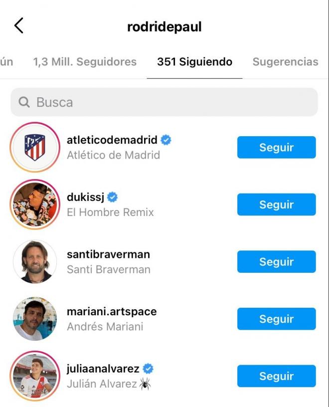 Captura del Instagram de Rodrigo de Paul, que comienza a seguir al Atlético de Madrid.