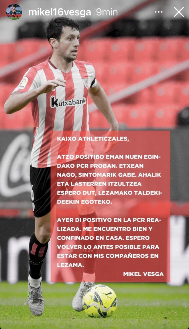 Mikel Vesga ha hecho público que es el jugador del Athletic Club de Bilbao que ha dado positivo de COVID este 5 de julio de 2021.