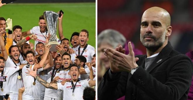 El Sevilla celebrando la última Europa League lograda y Pep Guardiola