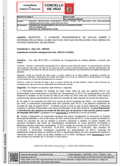 Respuesta del Concello a la Comisión de Transparencia (Foto: Concello de Vigo).