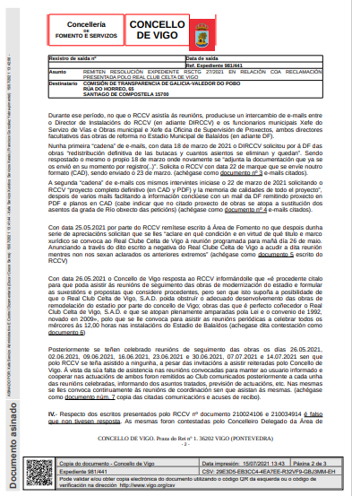 Respuesta del Concello a la Comisión de Transparencia (Foto: Concello de Vigo).