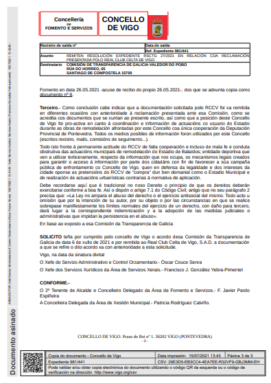 Respuesta del Concello a la Comisión de Transparencia (Foto: Concello de Vigo).