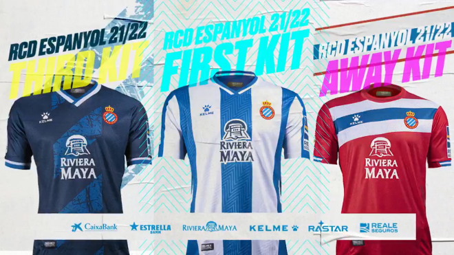 Las tres camisetas del Espanyol para la temporada 21/22.