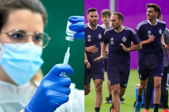 La sanitaria, con una vacuna y los jugadores del Real Valladolid, en pretemporada (Fotos: EFE y Real Valladolid).